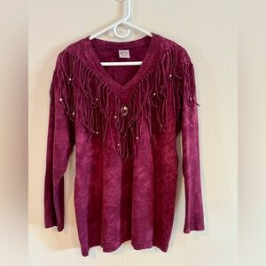 Western Fringe 100 % Cotton Long Sleeve Top Women’s Size Medium Purple